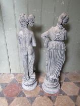 A pair contemporary composition stone figures, classical maidens, 64cm high