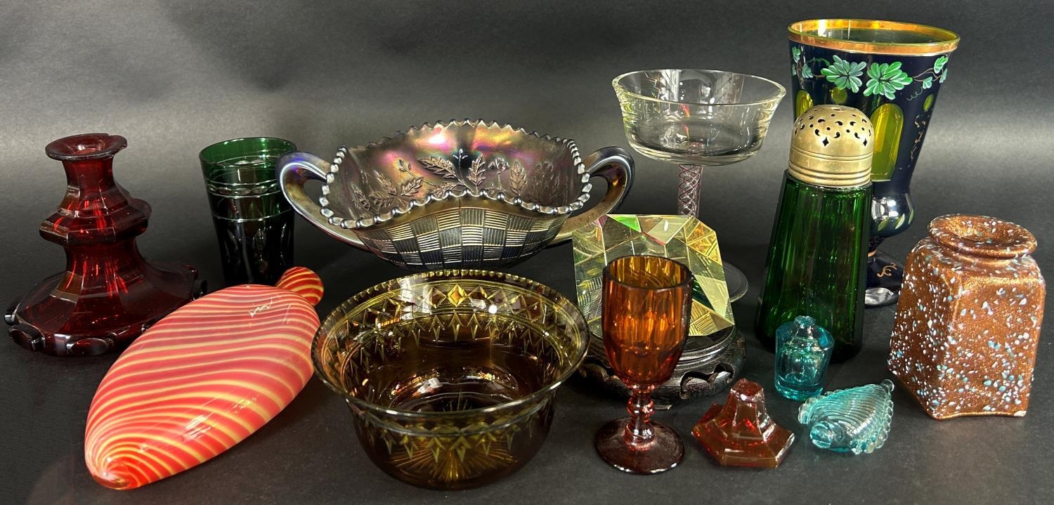 A miscellaneous collection of glassware including vases, plates, dishes, a Victorian etched glass
