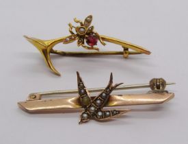 Two antique brooches set with seed pearls; a yellow metal wishbone example with applied insect set