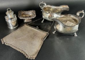 A pair of Georgian style silver plated gravy boats, a miniature milk churn, an open salt and a