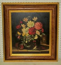 Late 19th / early 20th century Dutch school, still life with floral arrangement before a doorway,