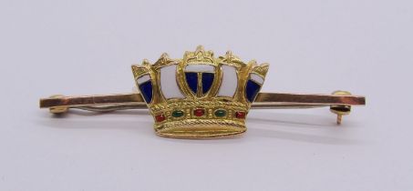 9ct Naval crown bar brooch with enamelled decoration, 3.6g (replacement pin)