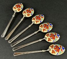 A set of six silver and enamel teaspoons, Birmingham 1935, maker Mappin & Webb, 2.2 ozs approx