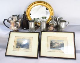 Four pewter tankards, two pewter water jugs, a silver plated teapot and jug, an oval gilt framed