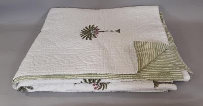 Quilted bed cover in palm tree design with striped cotton verso, quilted in running stitch, 2.6x2.