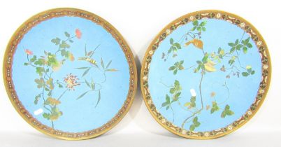 Two Chinese bronze cloisonné chargers, decorated with flowers on a blue ground, 40cm diameter.