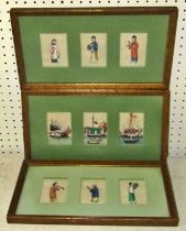 Three Chinese framed groups of three Chinese paintings on pith paper (9) three detailing junks,
