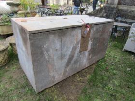 A large galvanised grain bin with hinged lid and two divisional interior, 175 cm long x 84 cm deep x