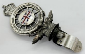 A silver plated Royal Automobile Club hood ornament, with enamelled Union Jack flag and profile of