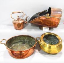 A 19th century copper coal scuttle, a 19th century two handled copper preserving pan 40 cm wide,