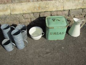 A vintage green enamel bread bin and cover, further enamelled, galvanised items etc (group)