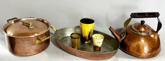 A mixed miscellaneous lot to include three horn beakers, a copper kettle, a copper pan, a copper pan