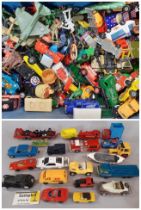 Boxful of unboxed play-worn model vehicles by various makers including Corgi, Burago, Matchbox,