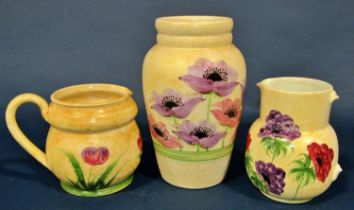 A group of six Radford pottery items, all decorated with painted floral anemone) motifs