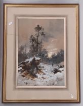 19th century British School, winter landscape with figure walking a moonlit path beside woodland,