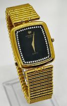 A gentleman's gold plated wristwatch by Raymond Weil, the black dial with white stone borders,