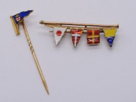 Antique 9ct enamelled flag brooch, 3.8cm W approx, 3.4g, together with a similar 9ct stick pin, 1.3g