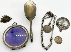 Silver hairbrush and photograph frame both stamped 'Webster Sterling', a silver Albert chain with