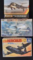 Three 1:72 scale boxed model aircraft kits including Hercules Gunship by Italaeri, Victor K2 by