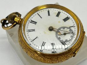 9th century 18k pocket watch with heavily engraved detail, white enamelled dial