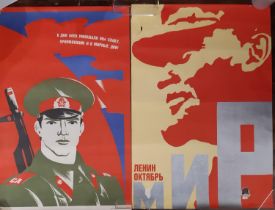 Two vintage Soviet Union constructivist posters, one designed by L. Belsky and V. Potapov, 98 x 66