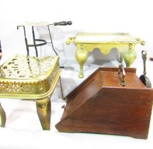 Two 19th century brass footman, an oak coal scuttle and shovel, and a 19th century strap metal and
