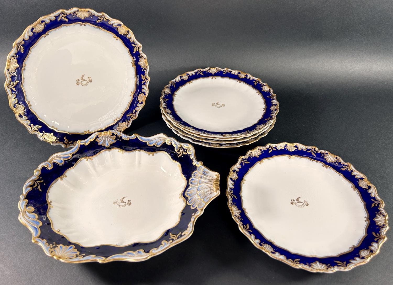 Seven George Jones blue and gilt plates with armorial detail, some Victorian cranberry glass ware - Image 2 of 2