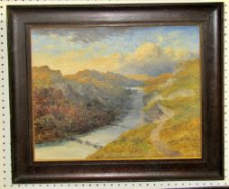 Attributed to Edward H. Niemann, landscape with river dividing a hilly valley, oil on board, 35 x 45