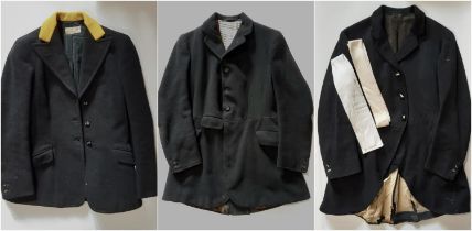 3 vintage hunting jackets comprising a boys jacket by E Tautz with yellow collar and 'SH' initialled