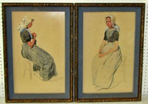 Early 20th century Dutch school, full length portrait studies of seated young ladies, charcoal,