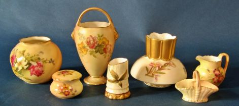 A group of seven Royal Worcester blush ivory porcelain pieces to include a squat bulbous vase with