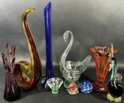A quantity of glassware including Murano clowns 1960's decorative glass vessels etc