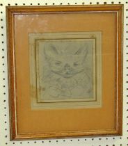 In the style of Louis Wain (1860-1939), a humorous pencil sketch of a cat wearing bow tie, initiall