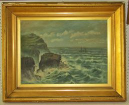 Early 20th century British school, rugged coastline with gulls and distant shipping, oil on