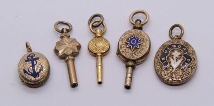 Collection of antique yellow metal items comprising three watch keys and two pendants, some with