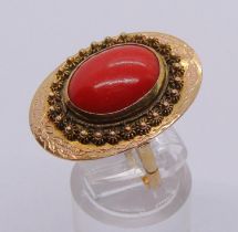 Antique style 14k cabochon coral dress ring, size Q, 6.7g
