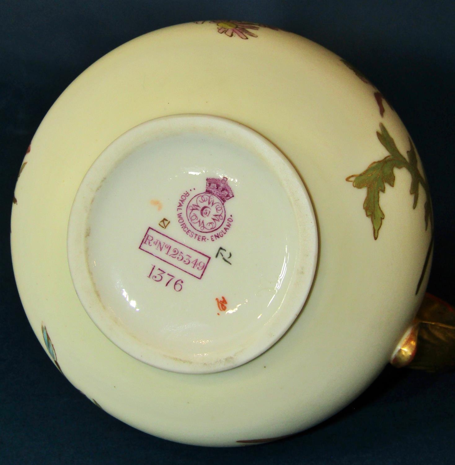 A Royal Worcester blush ivory jug of squat bulbous form decorated with painted floral sprigs, puce - Image 5 of 5