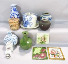 Mixed quantity of ceramics to include three tiles, a Chinese ginger jar, blue and white cheese dome,