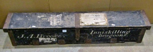 Militaria / military interest, an iron banded twin-handled pine chest, with remnants of labels to