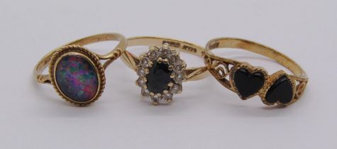 Three vintage 9ct dress rings to include an opal triplet example, 4.3g total