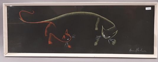 Anne Hudson (1920 - 1977) study of two cats, coloured chalk on black paper, signed lower left, 24