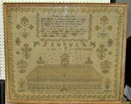 An English Victorian cross stitched embroidered sampler panel detailing a palace facade with