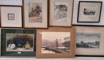 A mixed group of decorative pictures and prints, to include watercolours, still life with grapes etc