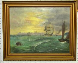 Late 19th/early 20th century English school, marine scene with shipping before a distant harbour