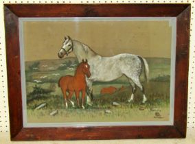 Attributed to Arthur Ernest Vokes (1874-1964) horse and foal within a hilly pasture, watercolour,
