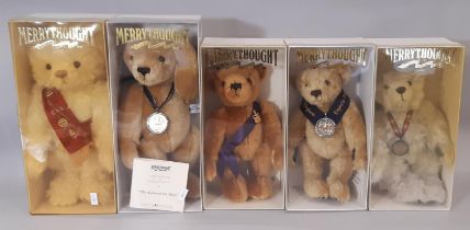 Five Merrythought limited edition boxed teddy bears, 3 of them wearing a coin as a pendant including