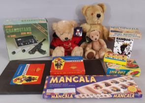 A mixed lot of toys to include Merrythought bears, Mancala, vintage games, etc