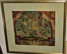 A later framed 19th century embroidered tapestry panel decorated with a pair of Asiatic birds