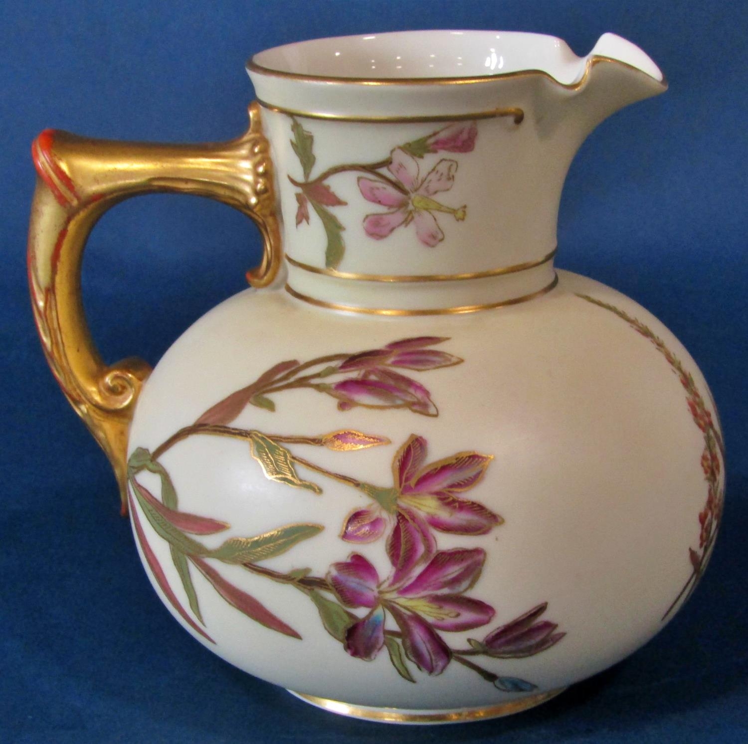 A Royal Worcester blush ivory jug of squat bulbous form decorated with painted floral sprigs, puce - Image 2 of 5