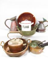 Graduated set of copper pans, copper jugs, brass candlesticks and pans, copper kettles and copper